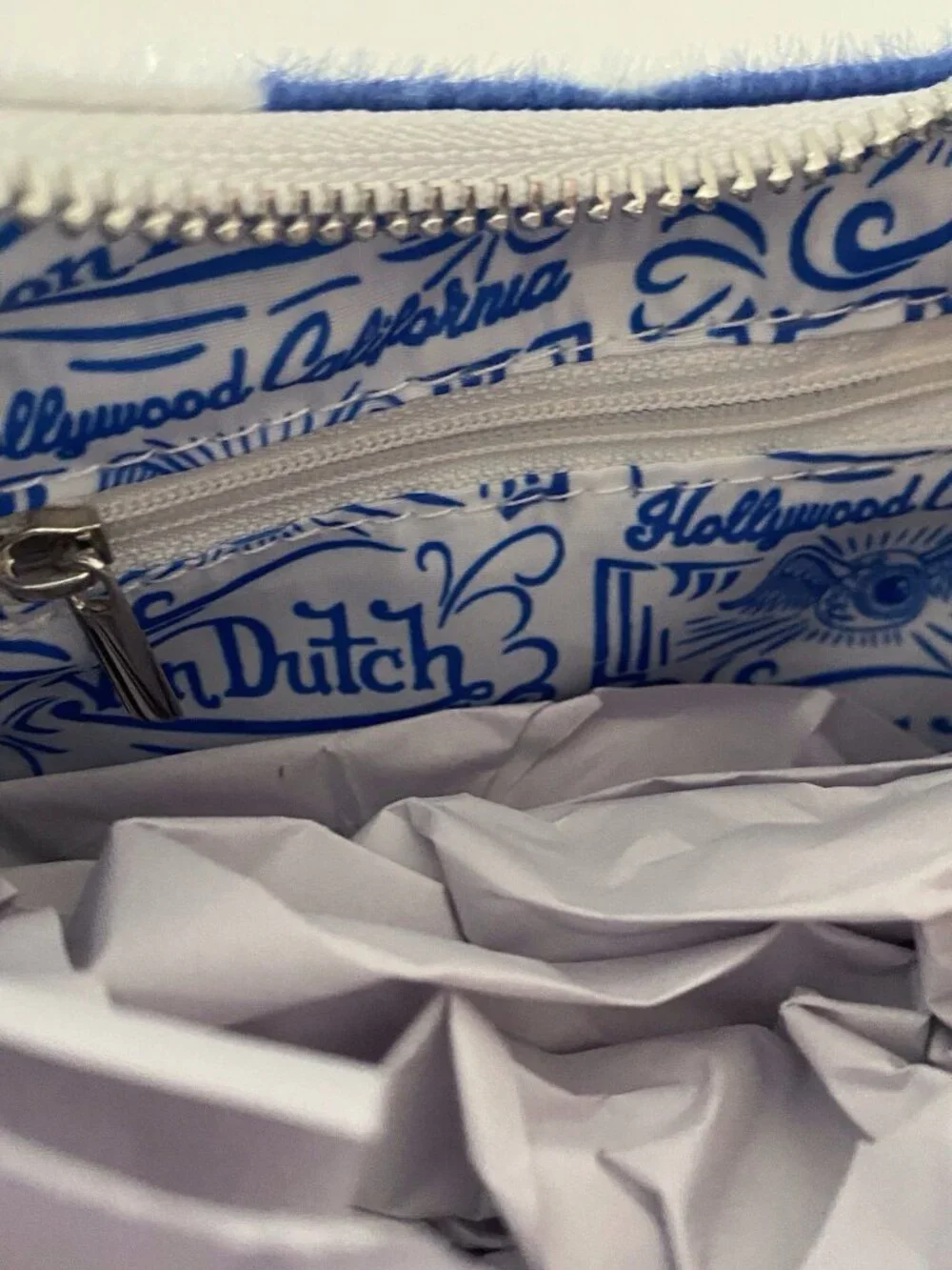 Von Dutch Vegan Pony Hair Blue Cow‎ Print Shoulder Bag W/Charms NEW